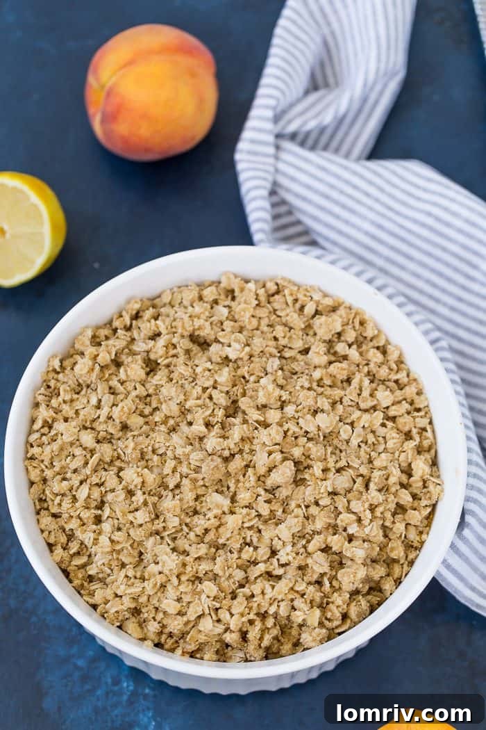 Overhead view of peach crumble topping ingredients