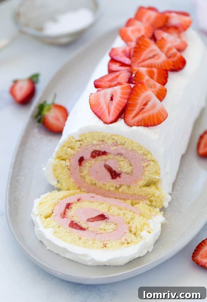 Strawberry roll cake garnished with fresh strawberries