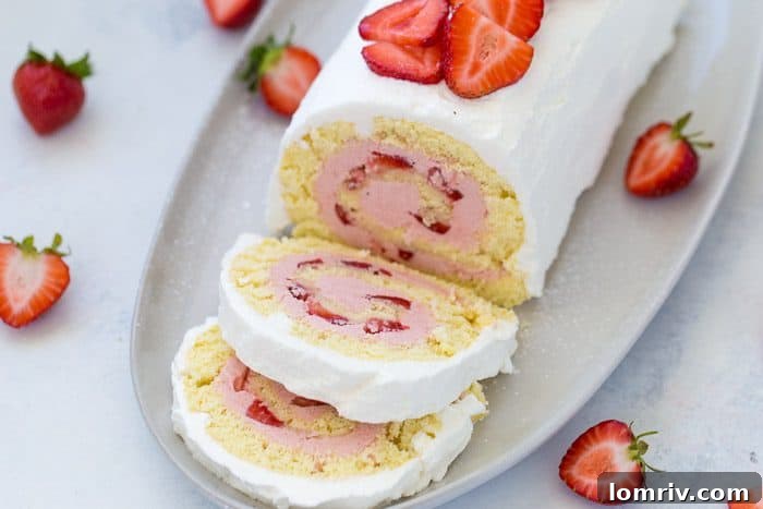 Final presentation of a delicious strawberry roll cake