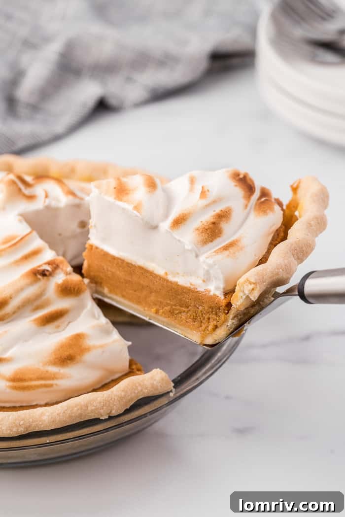 Close-up of a generous slice of Sweet Potato Pie, revealing its creamy filling and toasted topping