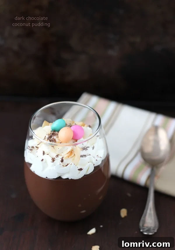 Close-up of creamy Dark Chocolate Coconut Pudding in a serving dish, ready to be enjoyed