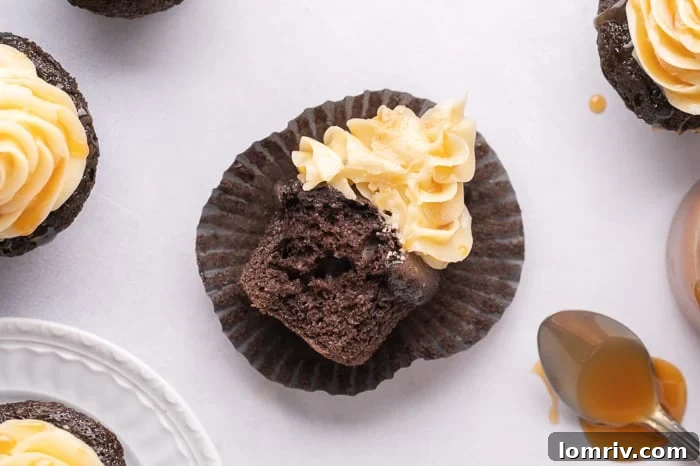 Close-up of Dark Chocolate Salted Caramel Cupcakes