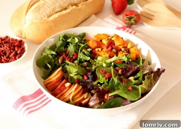 A final close-up of the delicious Roasted Butternut and Goji Berry Superfoods Salad.