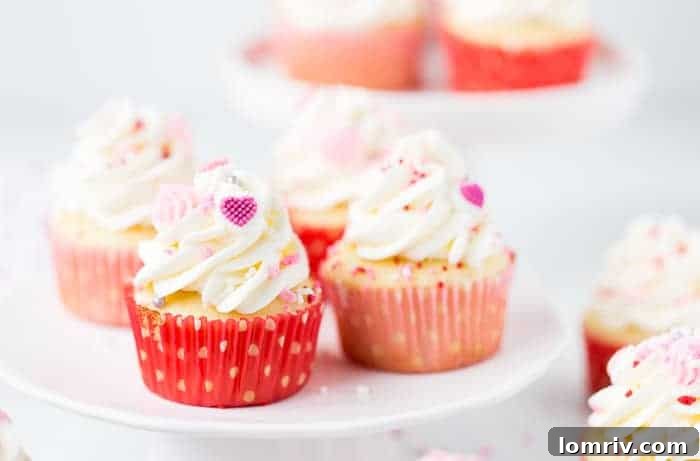 Various Vanilla Bean Buttermilk Cupcakes adorned with festive Valentine's Day sprinkles