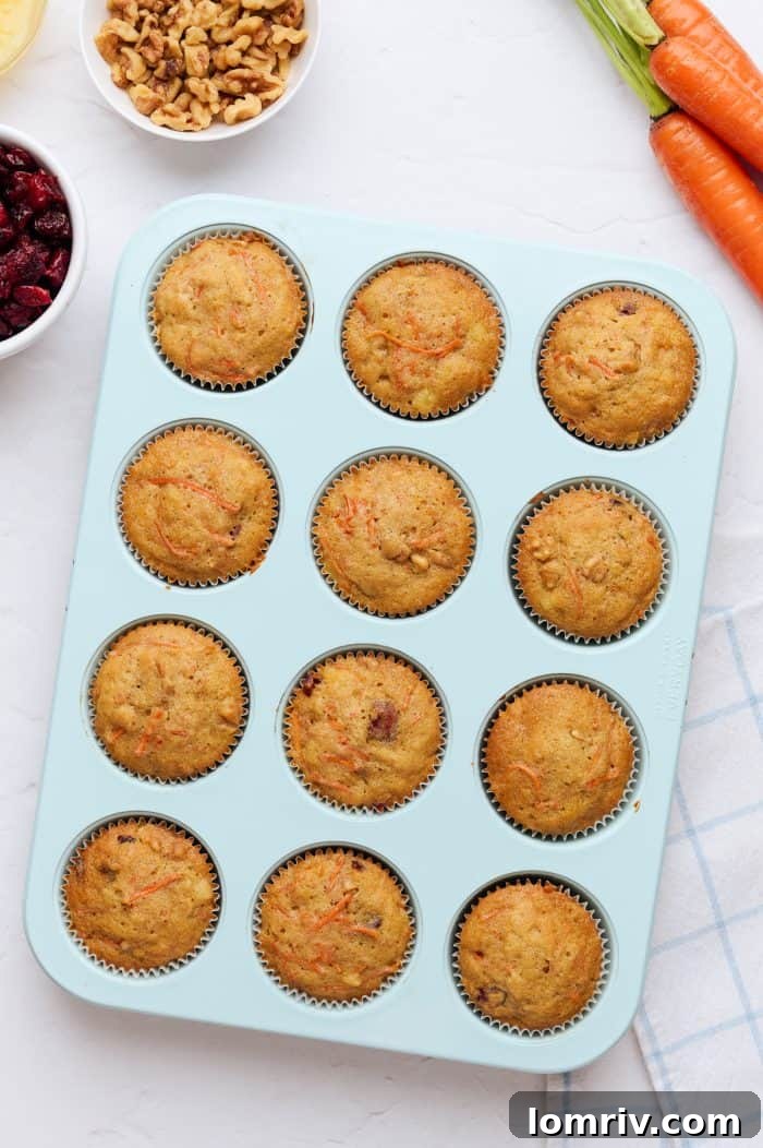 A blue cupcake tray with freshly baked cupcakes, carrots visible in the background.