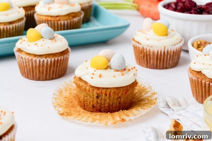 A selection of decorated carrot cake cupcakes, ready for serving.