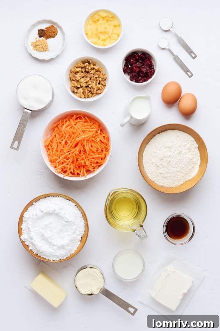 A flat lay of all the essential ingredients for making delicious carrot cake cupcakes.
