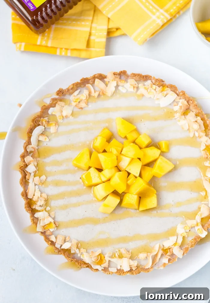 Coconut Vanilla Bean Panna Cotta served in a tart pan, garnished with fresh fruit and honey drizzle