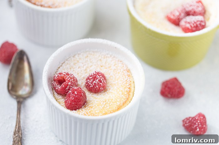 Close-up of Gooey Lemon Pudding Cake with a light cake top and rich lemon pudding base, ready to be enjoyed.