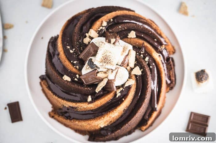 Decadent S'mores Bundt Cake with Chocolate and Graham Cracker Swirl