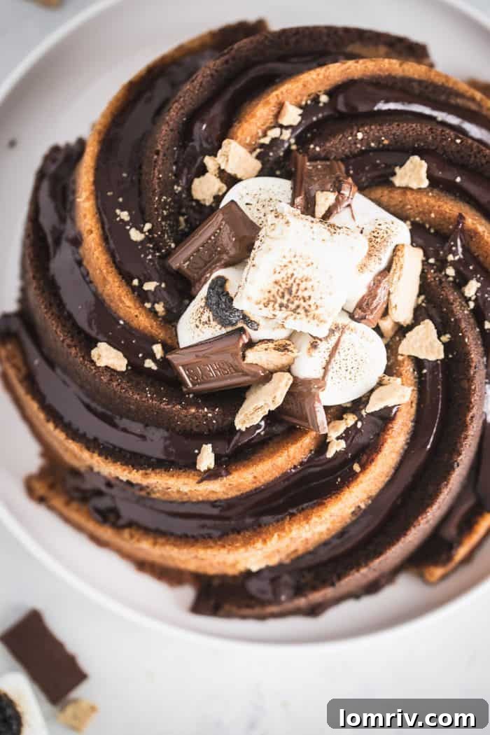 Close-up of S'mores Bundt Cake with Rich Graham and Chocolate Layers