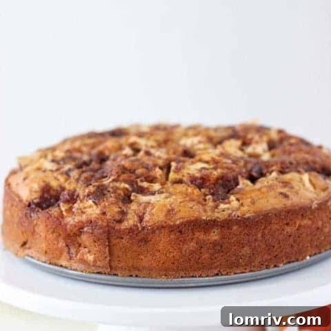 Delicious caramel apple crumb cake with chopped apples and cinnamon swirls.