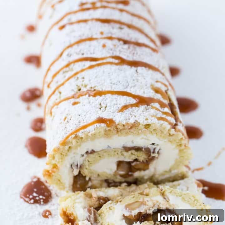 An elegant apple pie cake roll with a creamy mascarpone filling.