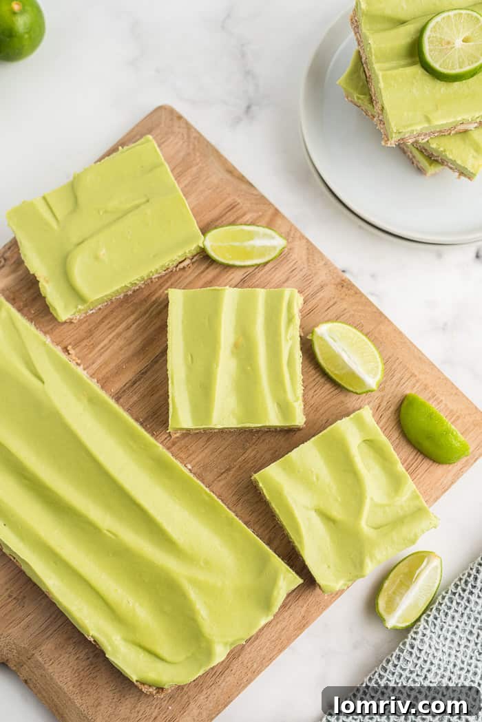 Deliciously creamy and vibrant Skinny Vegan Key Lime Pie Bars, a perfect plant-based dessert, photographed from above.