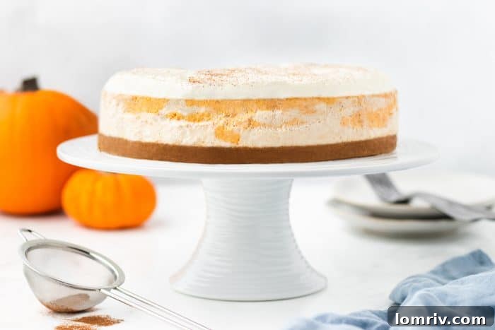 whole pumpkin swirl cheesecake on a cake stand.