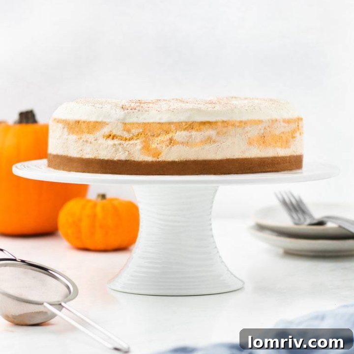 An image of the whole pumpkin swirl cheesecake on a cake stand.