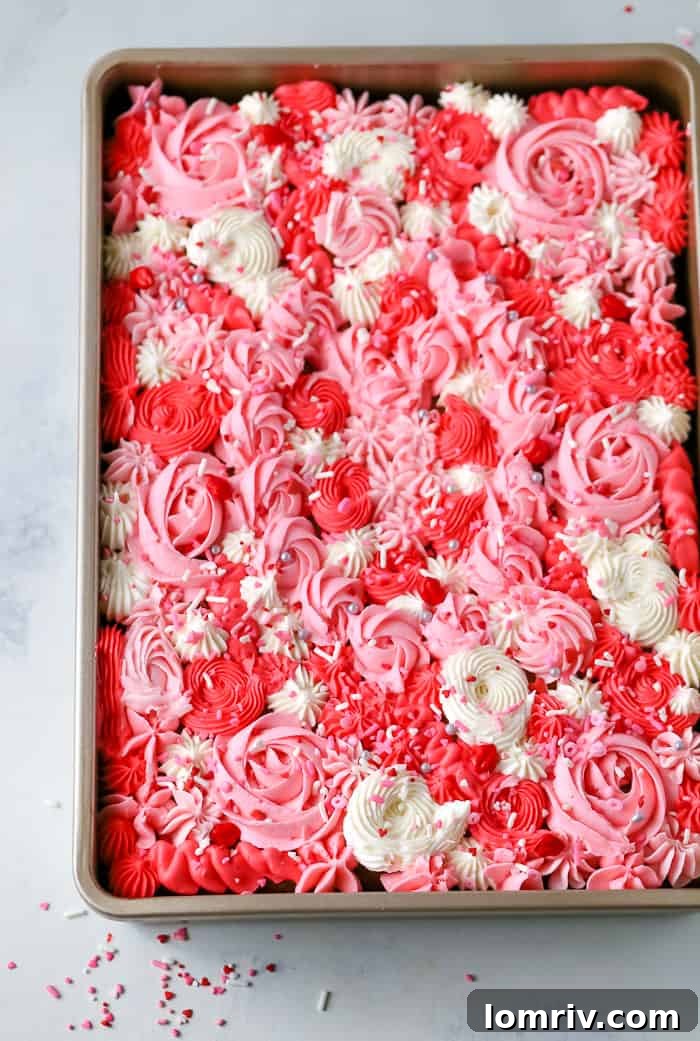 Stunning Valentine's Day Sheet Cake decorated with beautiful buttercream piping, showcasing a step-by-step guide for easy cake decoration.