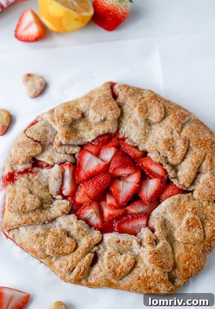 Rustic Strawberry Galette with heart cutouts, perfect for Valentine's Day baking