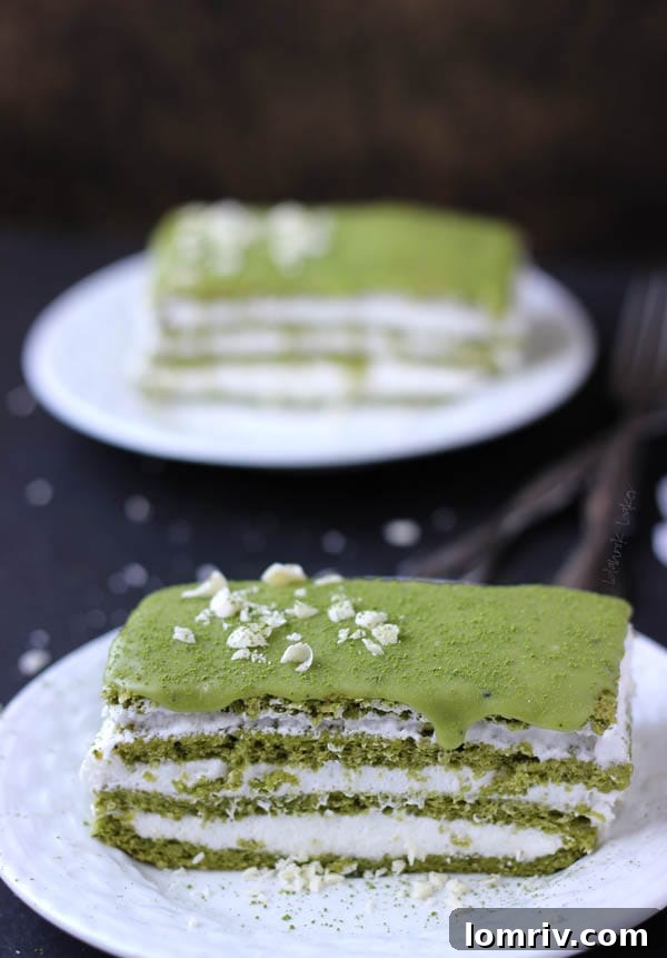 Close-up of a Slice of Matcha Genoise Cake Showing Layers