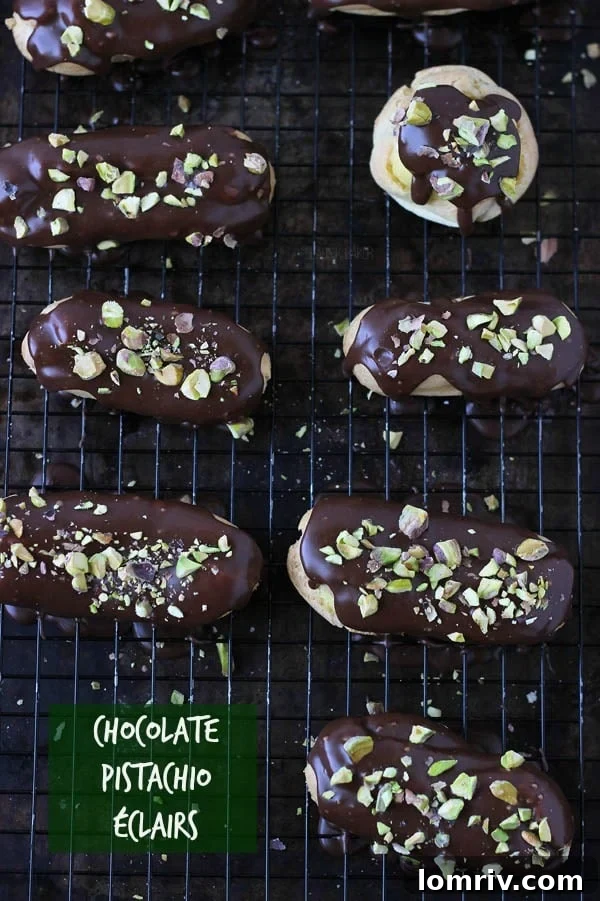 Chocolate Pistachio Éclairs - close-up of finished pastry