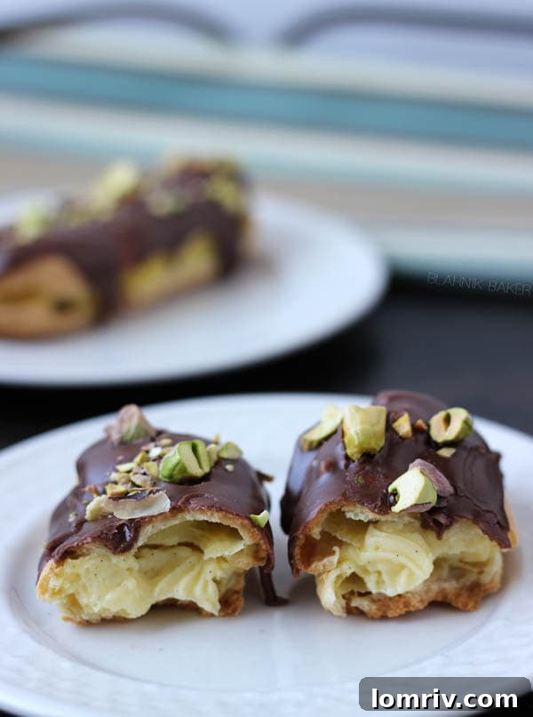 Chocolate Pistachio Éclairs - top view