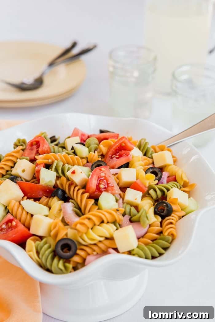 Delicious and vibrant summer pasta salad with fresh vegetables and sharp cheddar cheese, perfect for BBQs