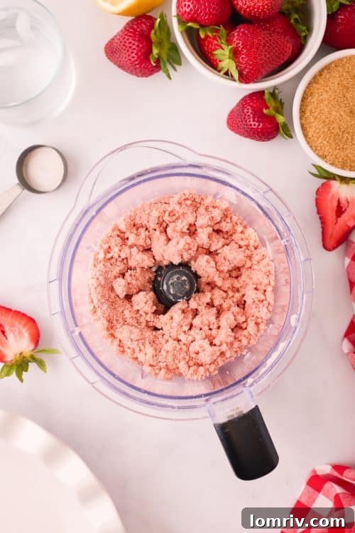 Homemade strawberry pie crust ingredients being processed in a food processor, showing the mixture turning into a coarse meal.