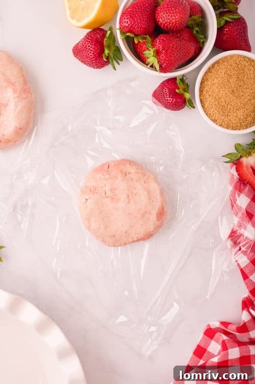 Homemade strawberry pie dough shaped into a smooth ball, ready for chilling.