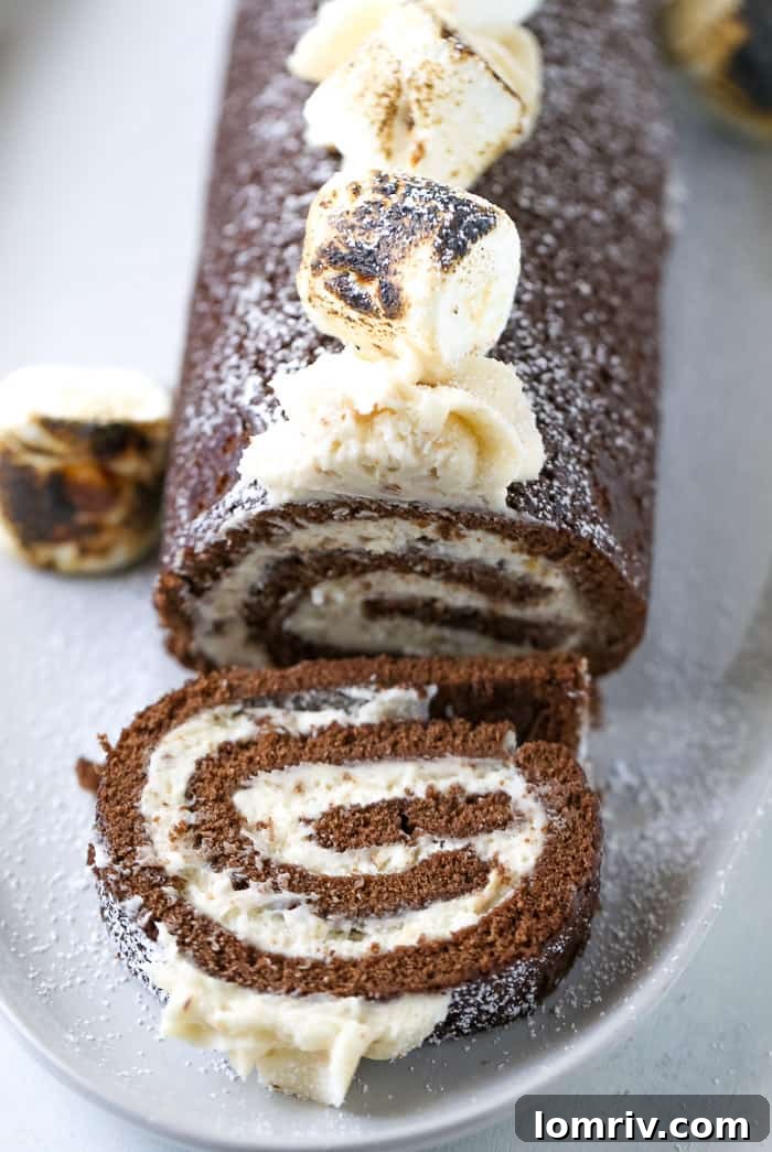 Decadent Chocolate Swiss Roll Cake with Toasted Marshmallow Frosting