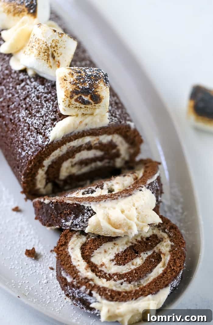 Close-up of Chocolate Swiss Roll Cake with Toasted Marshmallow Frosting