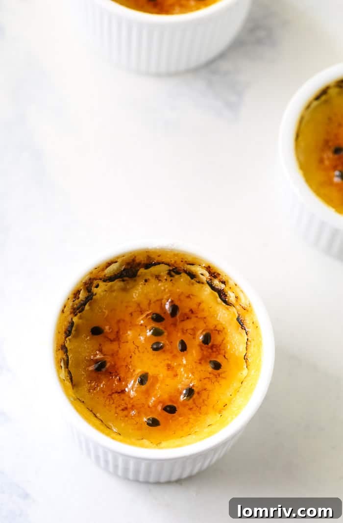 Lush Passionfruit Creme Brulee in a ramekin, showcasing its creamy texture