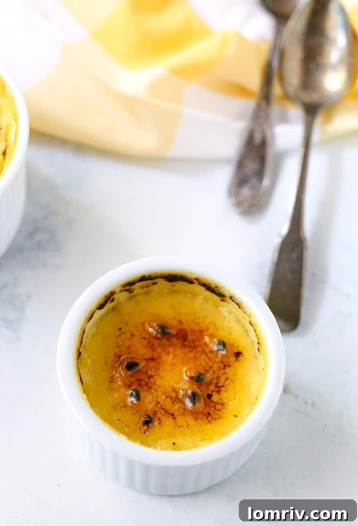 Close-up of golden brown caramelized sugar on Passionfruit Creme Brulee