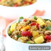 Pineapple Cashew Quinoa Fried Rice served in a bowl