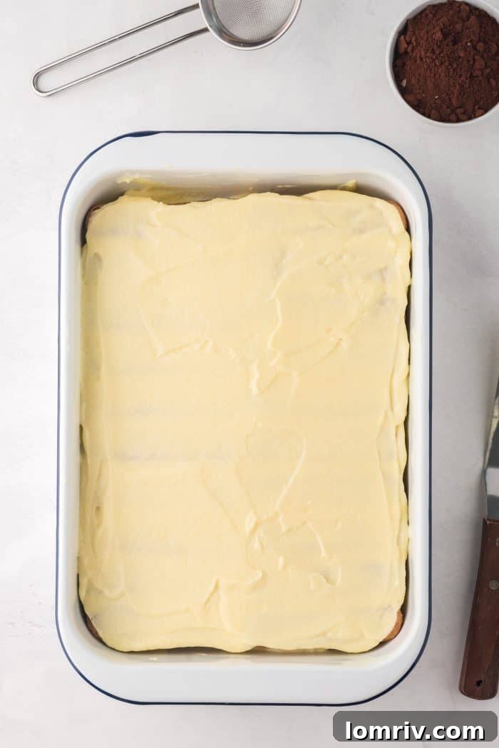 Final top layer of mascarpone cream for Tiramisu