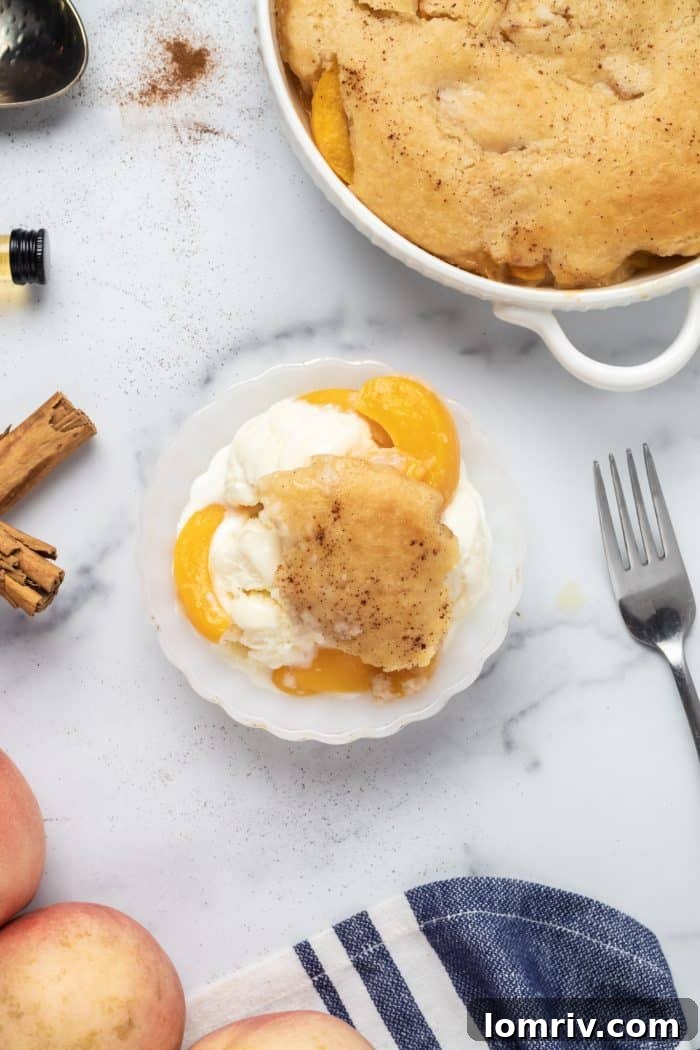 Overhead shot of Bourbon Peach Cobbler in a baking dish
