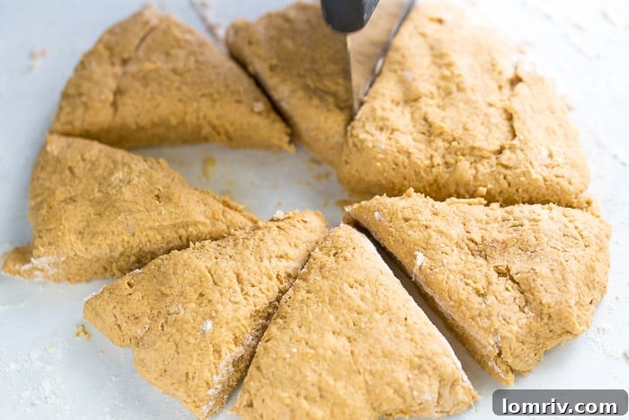 Cutting pumpkin scone dough into wedges