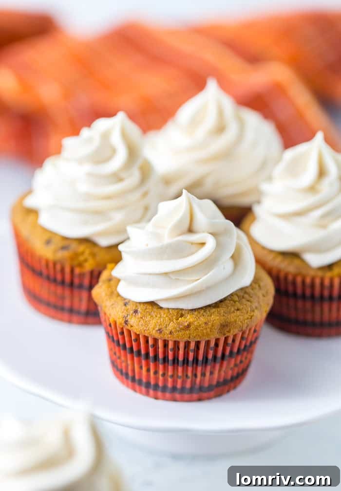 Rich Pumpkin Spice Latte Cupcakes, beautifully frosted and ready for fall enjoyment.