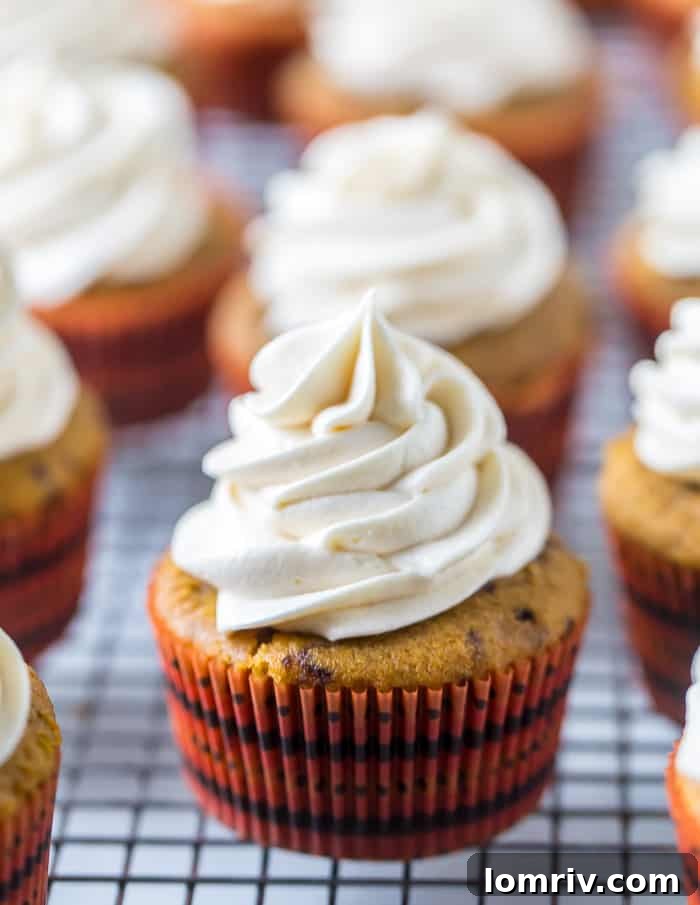 Multiple Pumpkin Spice Latte Cupcakes arranged elegantly, featuring a generous swirl of coffee cream cheese frosting.