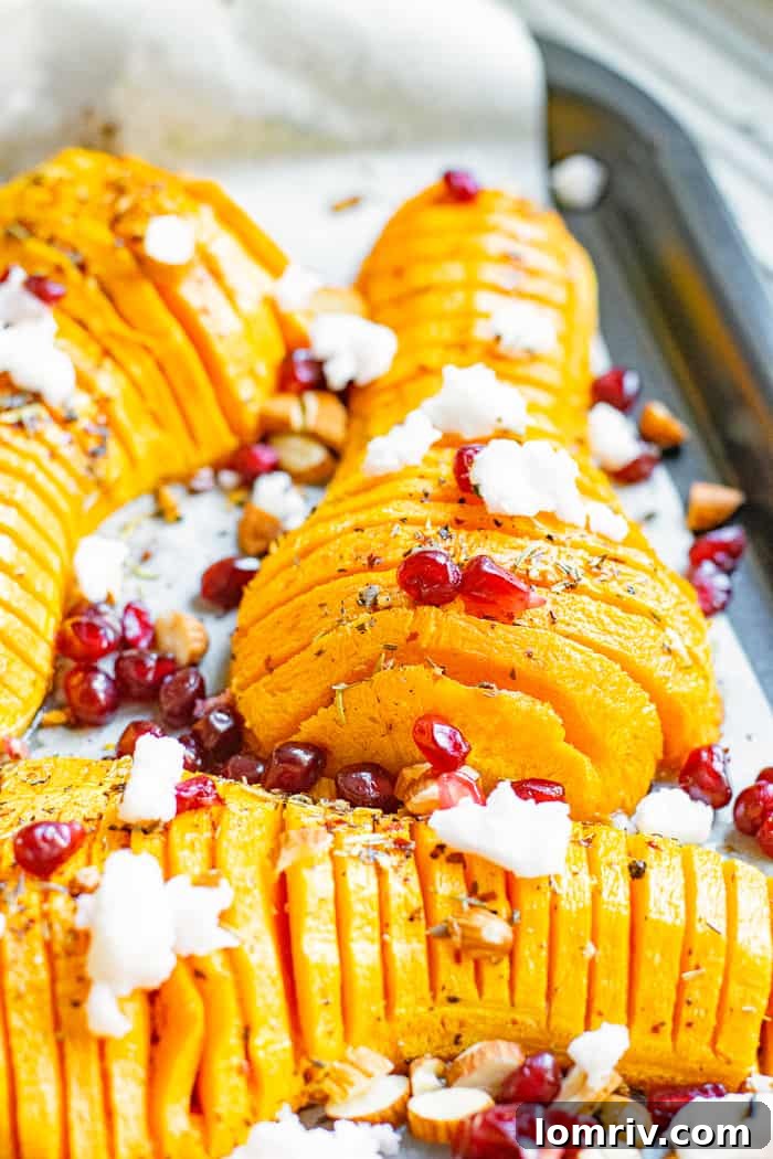 Beautifully Sliced Hasselback Butternut Squash Ready for Roasting