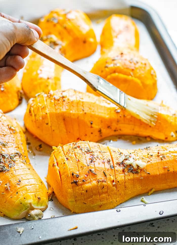 Roasted Hasselback Butternut Squash Ready for Toppings
