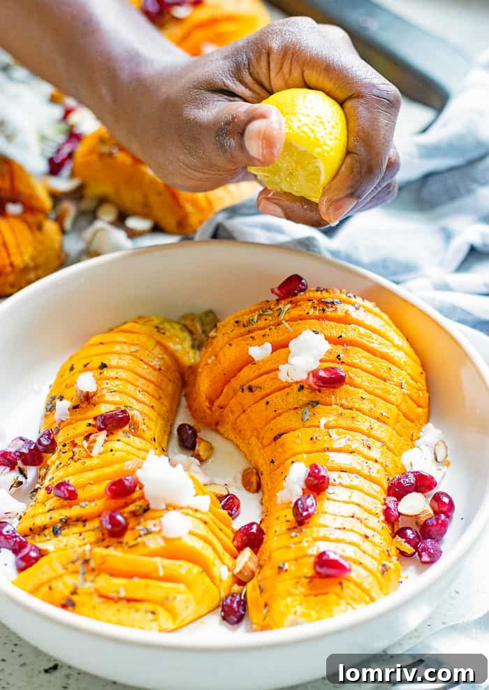 Finished Roasted Hasselback Butternut Squash with Toppings