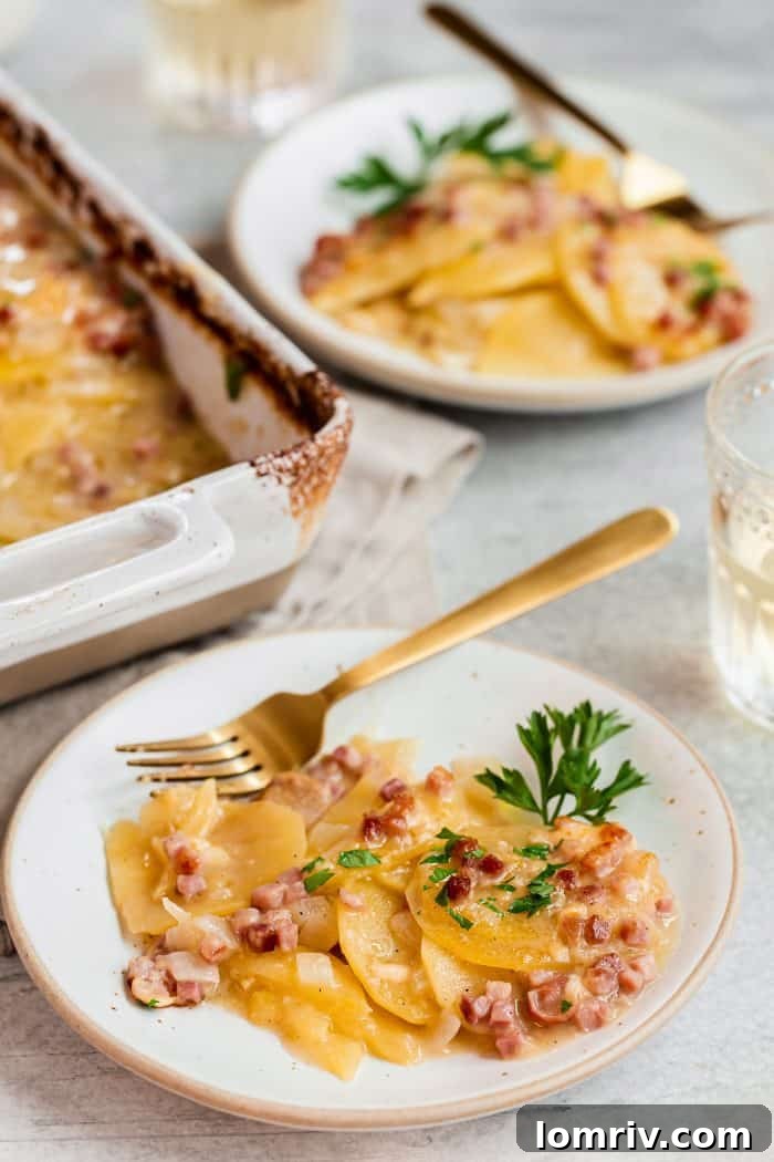 A freshly baked dish of Grandpa's Scalloped Potatoes, hot and bubbling from the oven, with a perfectly browned, cheesy crust.