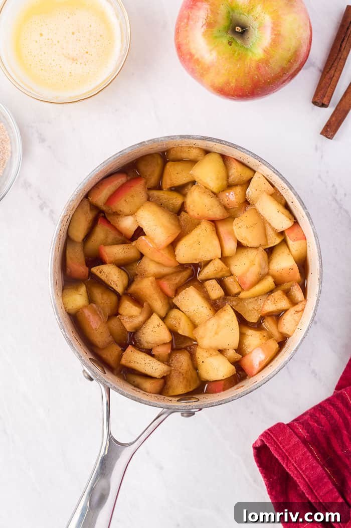 Close-up of the caramelized apple filling