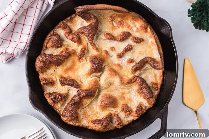 Close-up of a Gingerbread Dutch Baby Pancake, showing its soft, slightly deflated center and crispy edges