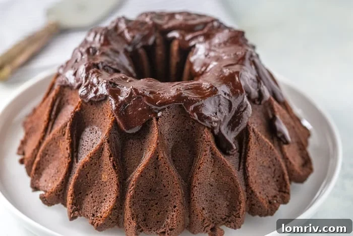 Chocolate Bundt Cake with a rich glaze, showcasing its elegant fluted design.