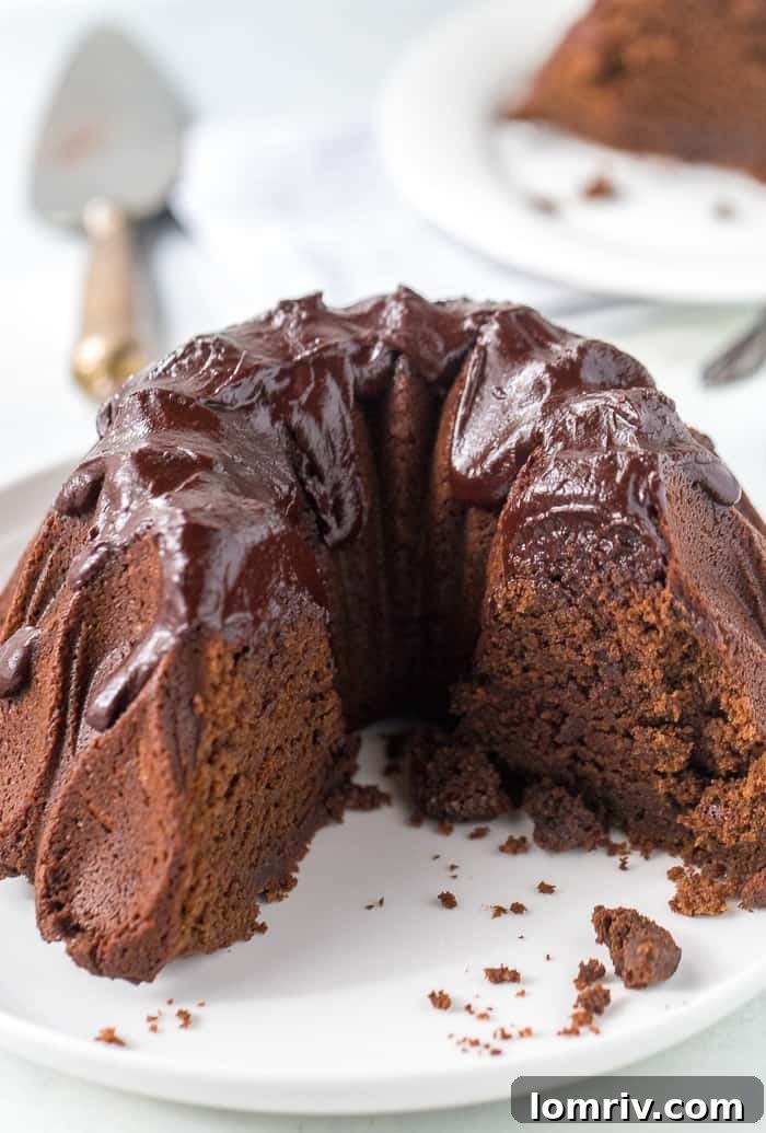 Chocolate Bundt Cake being glazed with rich chocolate fudge icing.