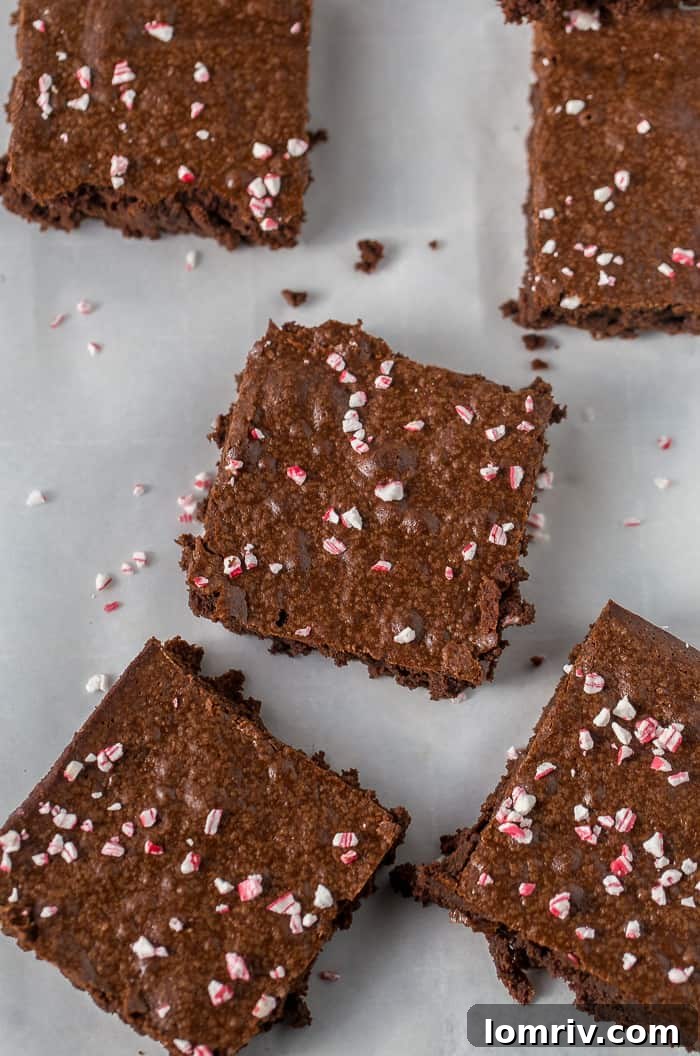 Freshly baked peppermint mocha brownies topped with crushed candy canes