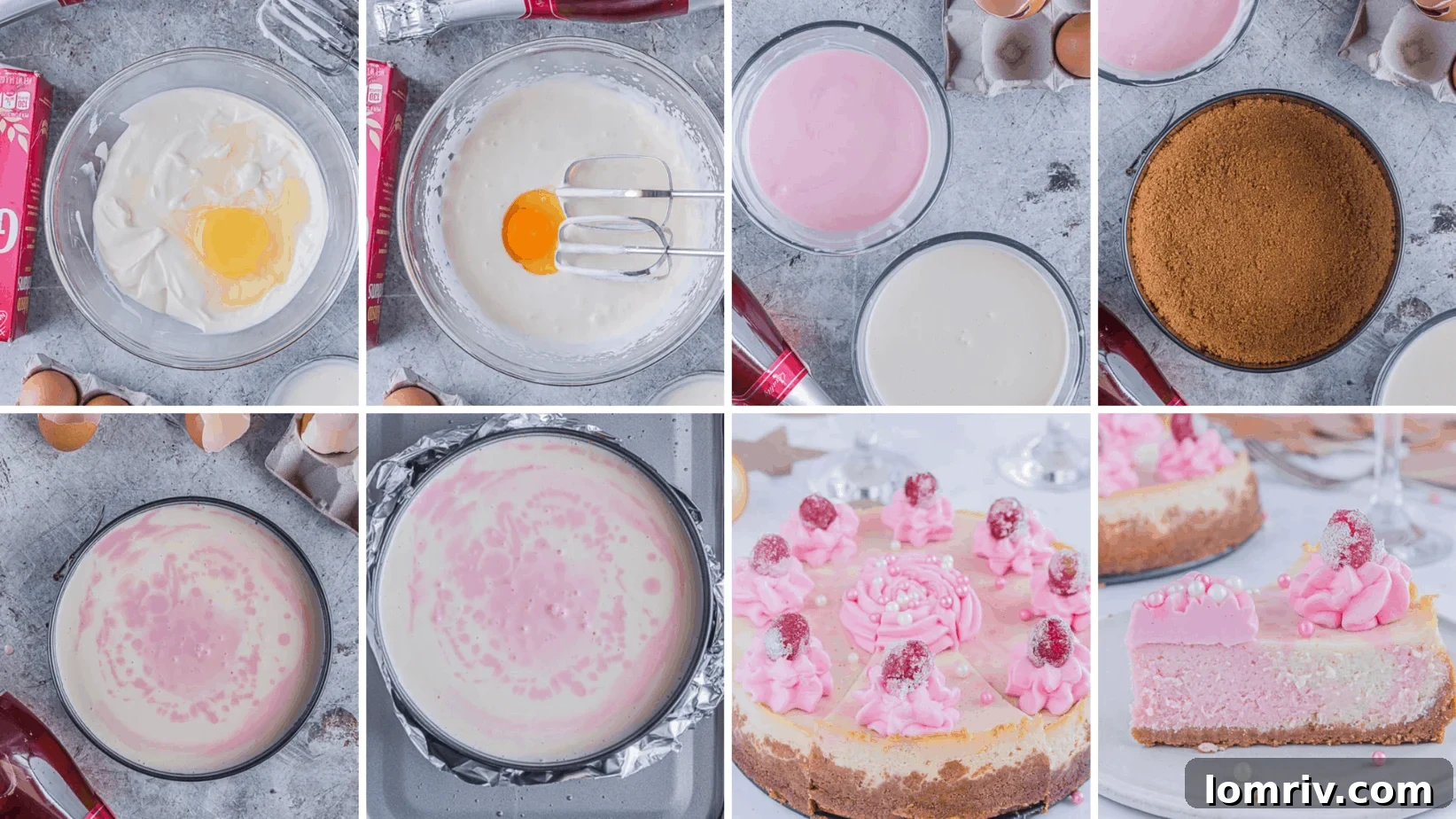 Pink Champagne Cheesecake with whipped cream and cranberries