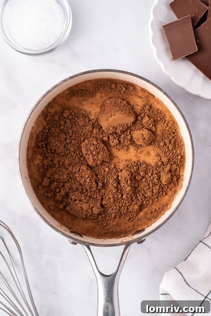 Saucepan with hot chocolate ingredients heating on the stove