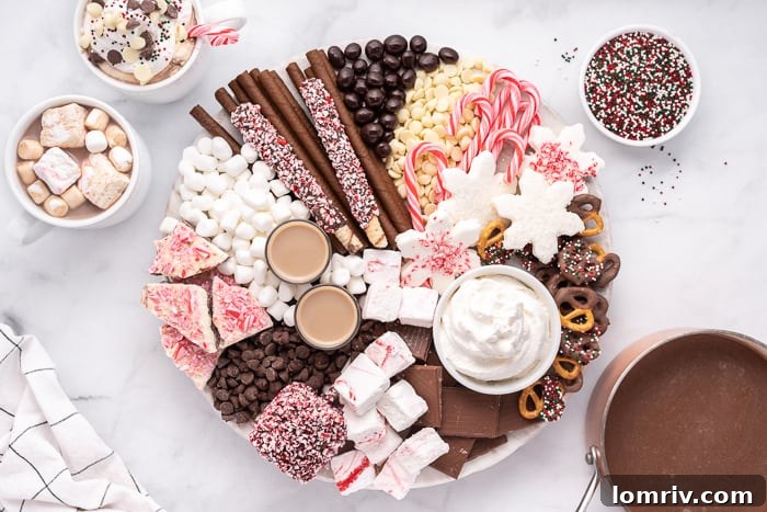Beautifully arranged hot chocolate charcuterie board with various toppings.